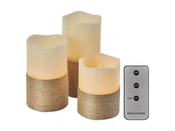 LED voskové sviečky omotané povrázkom 3ks s DO