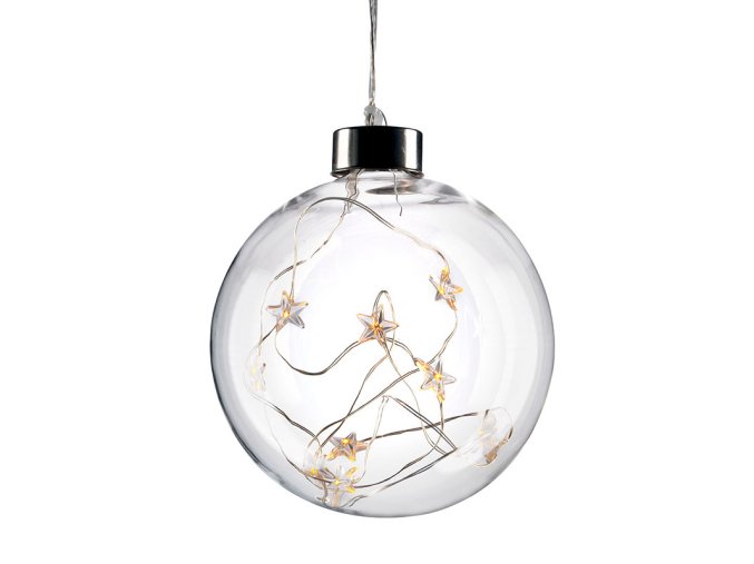 Závesná LED sklenená vianočná guľa, 10LED, 2x AA, teplá biela