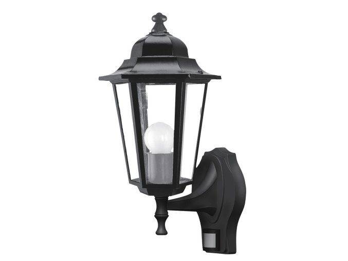 Čierne fasádne svietidlo s pohybovým čidlom Velence pre žiarovku E27