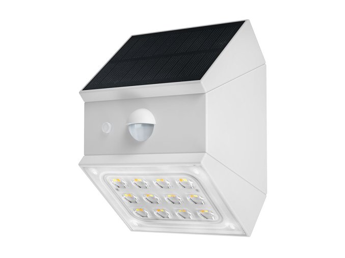 Biele LED fasádne solárne LED svietidlo s pohybovým čidlom 2,5W IP65 CCT