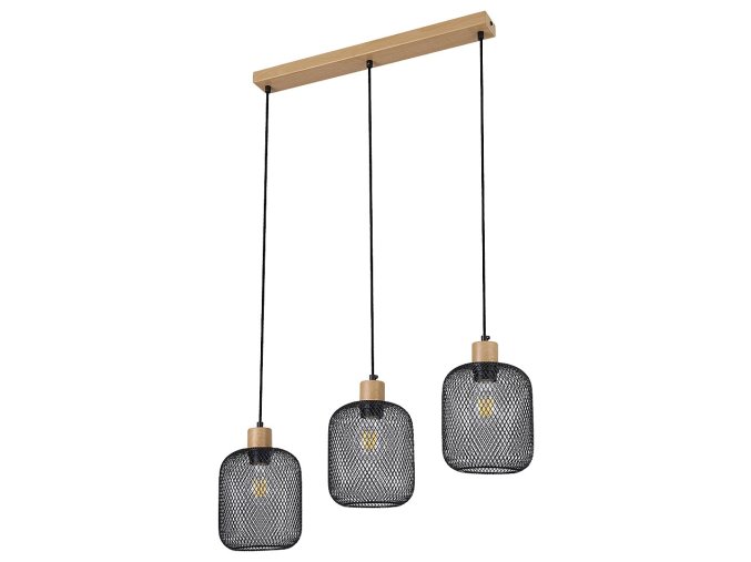 Čierne závesné svietidlo Grendel s dekorom dreva pre žiarovku 3x E27