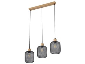 Čierne závesné svietidlo Grendel s dekorom dreva pre žiarovku 3x E27