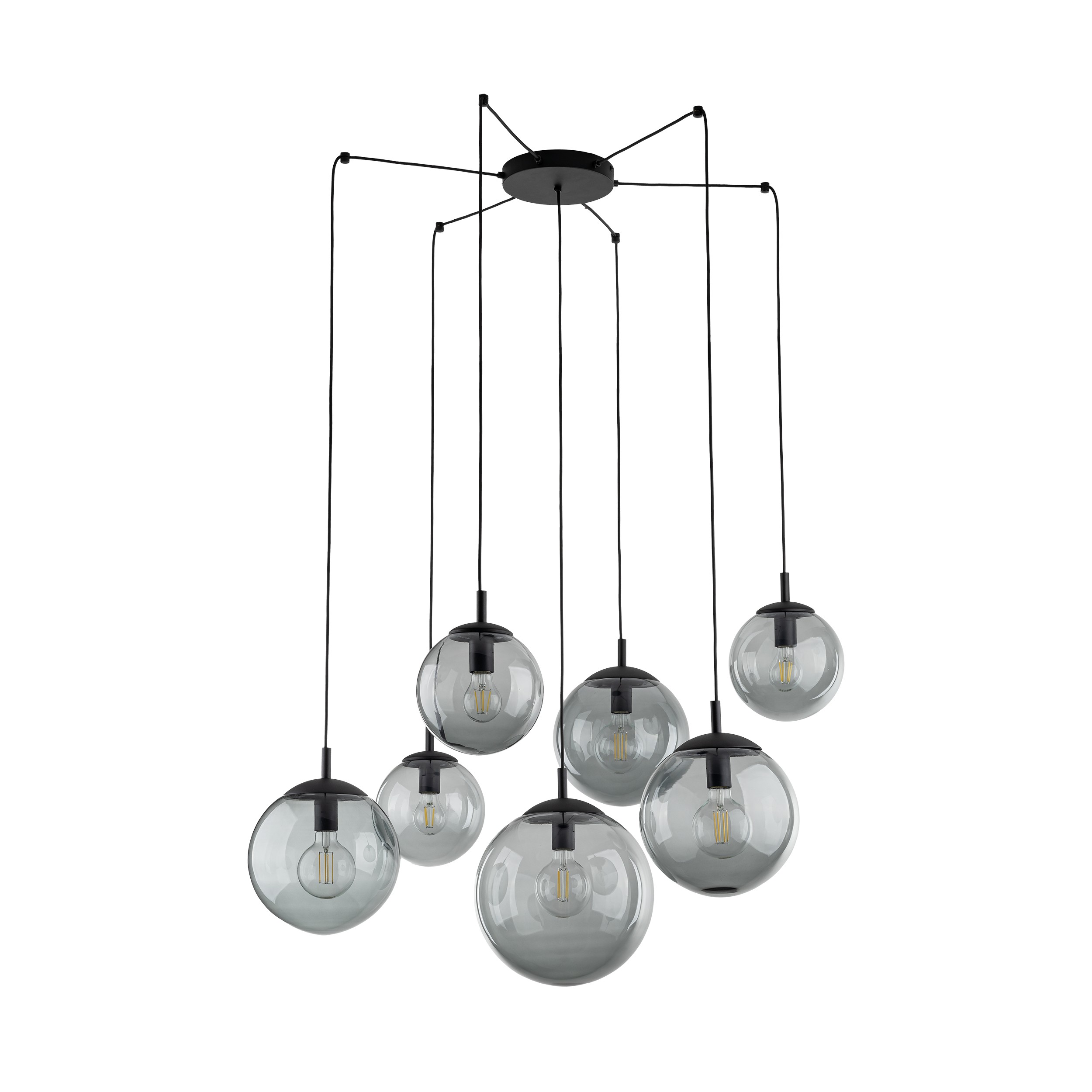TK Lighting Čierny závesný luster Esme s dymovými tienidlami pre žiarovku 7x E27 TK5385
