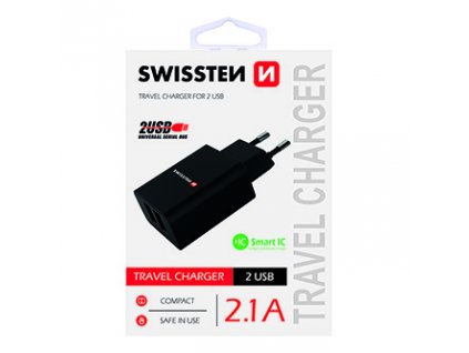 SWISSTEN Síťový adaptér 10W, 2 porty, USB-A, Smart IC