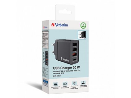 Verbatim Síťový adaptér 30W, 4 porty, 1x USB-C, 3x USB-A