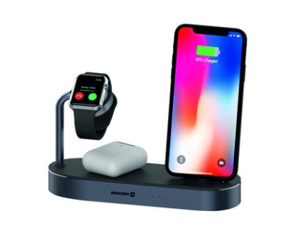 SWISSTEN, 4v1 bezdrátová nabíječka, pro telefon, Apple Watch a Airpods, černá, 12V, 45W, Qi, MFi