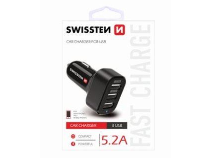 USB auto nabíječka  3x USB port  12V  5V  5200mA  nabíjení mobilních telefonů a GPS  SWISSTEN  černá