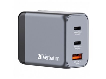 GaN cestovní nabíječka do sítě Verbatim, USB 3.0, USB C, šedá, 65 W, vyměnitelné vidlice C,G,A