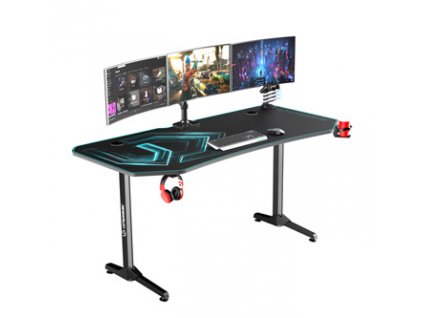 ULTRADESK Herní stůl FRAG XXL BLUE, 160 x 75 cm, 75 cm, držák nápojů a sluchátek, stojan BEAM, s celoplošnou XXL podložkou pod myš