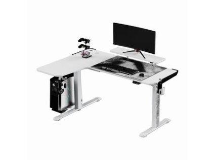 377364 ultradesk herni stul winger bily 111x155x60 cm 75 122 cm elektricky nastavitelna vyska rgb podsviceni drzak sluchatek i nap