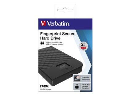 Verbatim externí pevný disk, Fingerprint Secure HDD, 2.5", USB 3.0 (3.2 Gen1), 2TB, 53651, černý, 256-bit AES