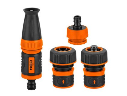 NEO TOOLS sada rozprašovač, 2 rychlospojky přípojka na kohoutek, 3/4", oranžovo-černá, 15-711