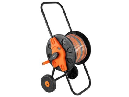 NEO TOOLS vozík pro zahradní hadici se sklopným držákem až 60m 1/2" nebo 20m 3/4", oranžovo-černý, 15-793