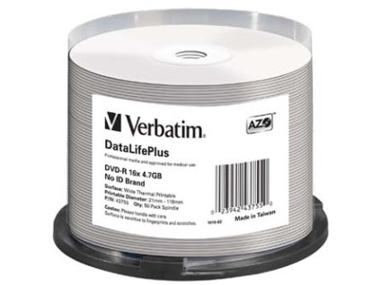 Verbatim DVD-R, DataLifePlus Wide Thermal Printable - No ID Brand, 43755, 4.7GB, 16x, spindle, 50-pack, 12cm, pro archivaci dat