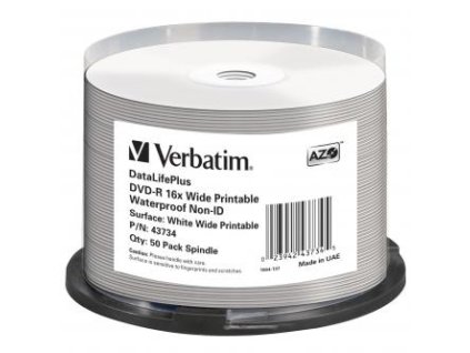 Verbatim DVD-R, Wide Printable Waterproof No ID Brand, 43734, 4.7GB, 16x, spindle, 50-pack, 12cm, pro archivaci dat