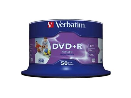 Verbatim DVD+R, Wide Inkjet Printable No ID Brand, 43512, 4.7GB, 16x, spindle, 50-pack, 12cm, pro archivaci dat