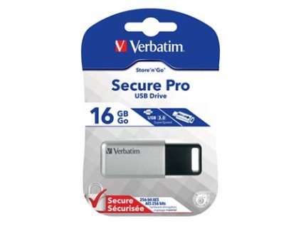 Verbatim USB flash disk, USB 3.0, 16GB, Secure Pro, Store N Go, stříbrný, 98664, USB A, AES 256-bit šifrování, s výsuvným konektor