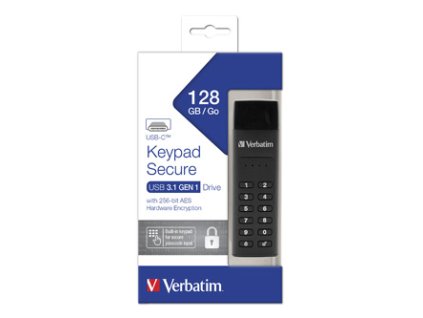 Verbatim USB flash disk, USB 3.0, 128GB, Keypad Secure, černý, 49432, USB C, 256bitové hardwarové šifrování AES, LED indikátor