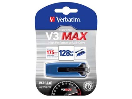 Verbatim USB flash disk, USB 3.0, 128GB, V3 MAX, Store N Go, modrý, 49808, USB A, s výsuvným konektorem