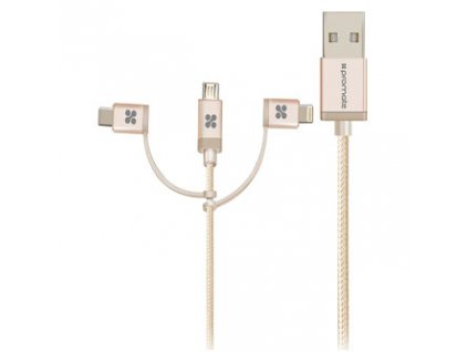 Promate USB kabel (2.0), USB A samec - microUSB samec + Apple Lightning samec + USB C sam, 1.2m, kulatý, zlatý, Opletený, Trio