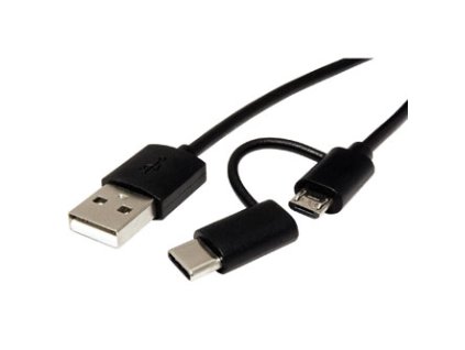 USB kabel (2.0)  USB A samec - microUSB samec + USB C samec  1m  černý  kulatý  s redukcí na USB C