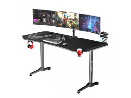 ULTRADESK Herní stůl FRAG XXL BLACK, 160 x 75 cm, 75 cm, držák nápojů a sluchátek, stojan BEAM, s celoplošnou XXL podložkou pod my