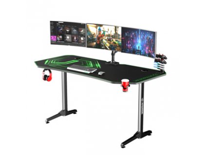 ULTRADESK Herní stůl FRAG XXL GREEN, 160 x 75 cm, 75 cm, držák nápojů a sluchátek, stojan BEAM, s celoplošnou XXL podložkou pod my