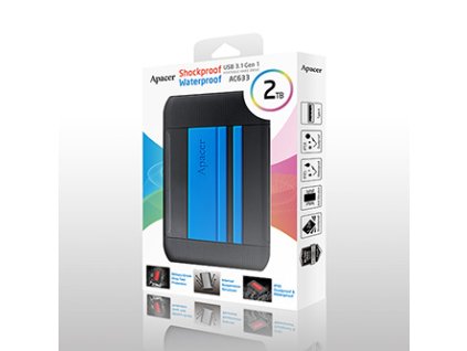 Apacer externí pevný disk, AC633, 2.5", USB 3.0 (3.2 Gen 1), 2TB, AP2TBAC633U-1, modrý, otřesuvzdorný, odolnost proti prachu a vod