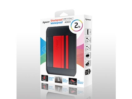Apacer externí pevný disk, AC633, 2.5", USB 3.0 (3.2 Gen 1), 2TB, AP2TBAC633R-1, červený, otřesuvzdorný, odolnost proti prachu a v