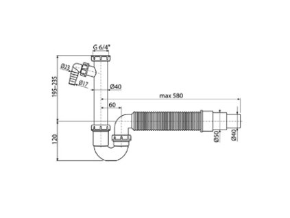 375741 alcadrain sifon plast drezovy 40 nebo 50 mm 580mm bily s prevlecnou matici 6 4 pripojkou a flexi hadici