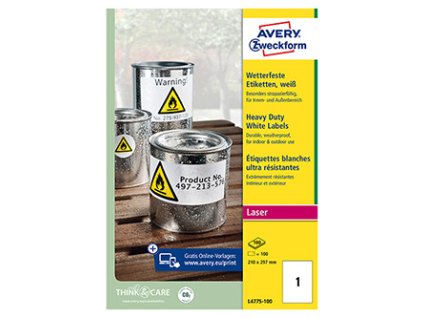 359073 avery zweckform etikety 210mm x 297mm a4 matne bile 1 etiketa velmi odolne baleno po 100 ks l4775 100 pro laserove tiskarn