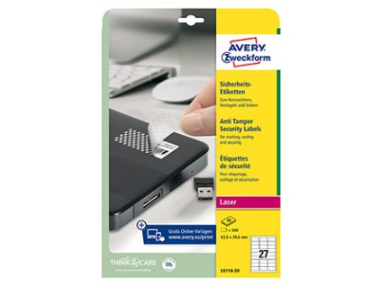 358974 avery zweckform etikety 63 5mm x 29 6mm a4 bile 27 etiket bezpecnostni odolne vuci manipulaci baleno po 20 ks l6114 20 pro