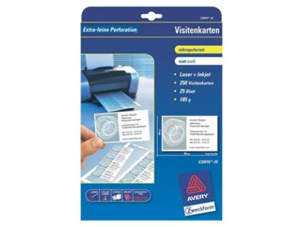 361752 avery zweckform vizitky s hladkym okrajem 10ks a4 typ matne bile a4 185 g m2 85x54mm 25 listu pro inkoustove a laserove ti