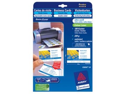 361764 avery zweckform vizitky s hladkym okrajem 10ks a4 oboustranne typ satin bile a4 220 g m2 85x54mm 10 listu pro laserove ti