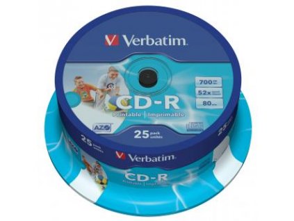 Verbatim CD-R, 43439, AZO Wide Inkjet Printable, 25-pack, 700MB, 52x, 80min., 12cm, spindle, pro archivaci dat