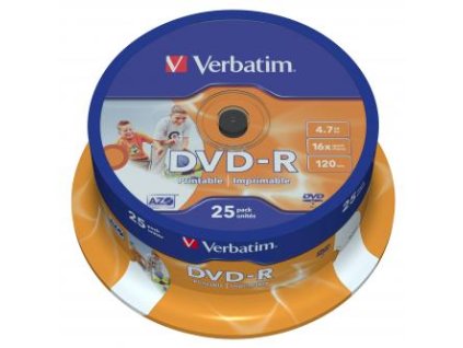 Verbatim DVD-R, Wide Inkjet Printable ID Brand, 43538, 4.7GB, 16x, spindle, 25-pack, 12cm, pro archivaci dat