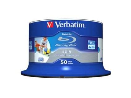 Verbatim BD-R SL, Hard Coat protective layer Wide Inkjet Printable, 25GB, Spindle, 43812, 6x, 50-pack, pro archivaci dat