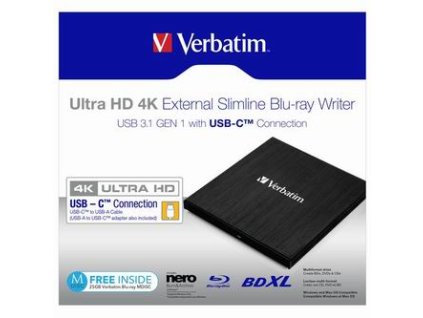 Verbatim externí Blu-Ray mechanika Ultra HD, 4K, 43888, USB 3.1 Gen1 (3.0), USB C