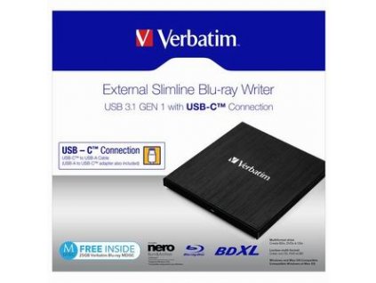Verbatim externí Blu-Ray mechanika, 43889, USB 3.1, USB-C, ZDARMA 25GB MDISC