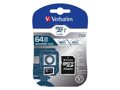 Verbatim paměťová karta Micro Secure Digital Card Pro U3, 64GB, micro SDXC, 47042, UHS-I U1 (Class 10), s adaptérem