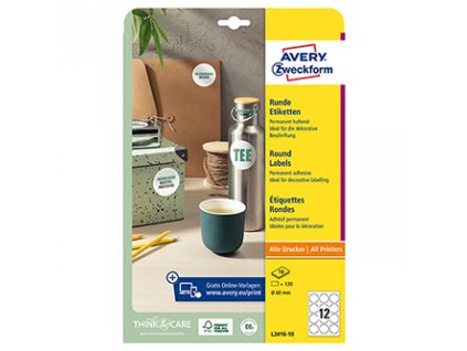 Avery Zweckform etikety 60mm, A4, bílé, 12 etiket, baleno po 10 ks, L3416-10, pro laserové a inkoustové tiskárny, kopírky