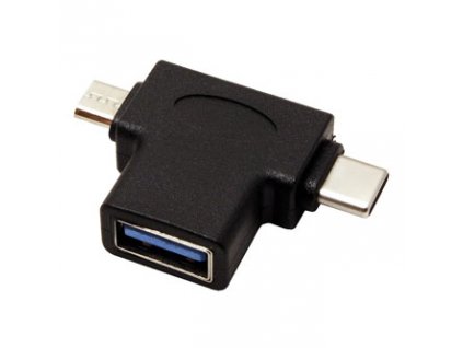 USB redukce, (2.0), USB A samice - microUSB samec + USB C samec, černá, plastic bag OTG