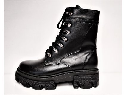 KOŽENÁ KOTNÍKOVÁ obuv - Kožená zimní dámská kotníková obuv na podpatku se zipem a šněrováním BARTON 7822 černá