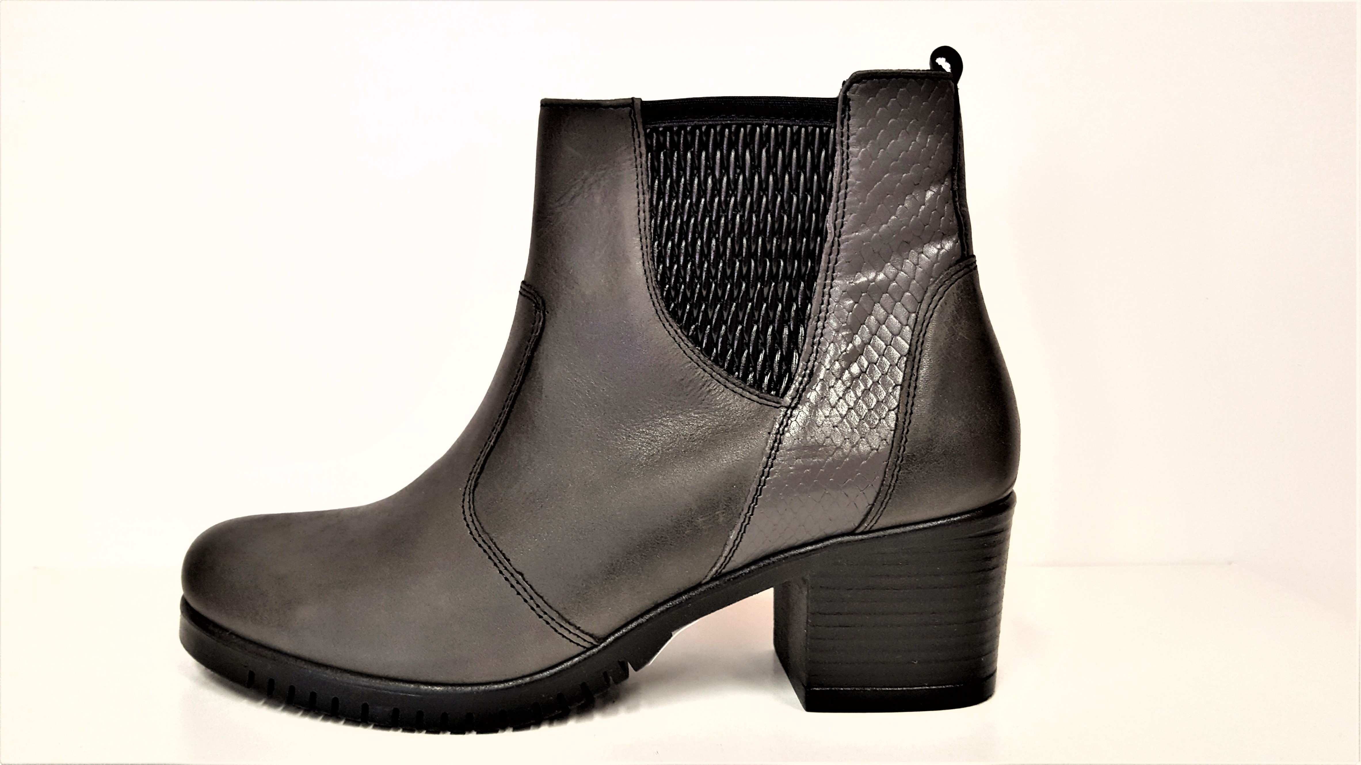 VARIO Kozačky na podpatku - elegantní - Polohovací šedo/černé přizpůsobivé vario kožené kotníkové boty na podpatku se zipem JAMI 23718 Tabulka…