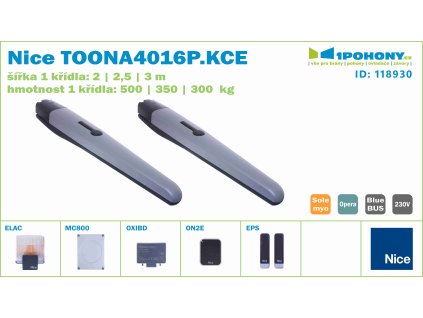 Nice TOONA4016P.KCE sada silnějších pohonů 2 křídlové brány do 6 m průjezdu