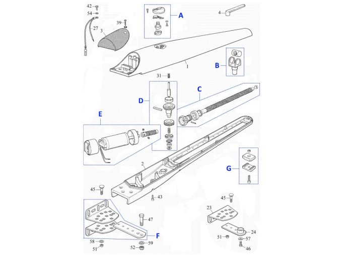 Seznam náhradních dílů pro pohony křídlové brány Mhouse WG1 a WG2