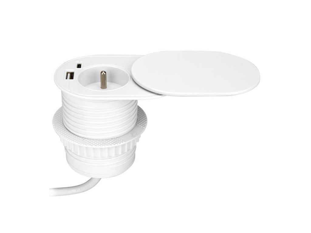 Zapuštěná zásuvka s posuvným víkem ORNO OR-GM-9042/W, 1x230V a 2xUSB (type A+C; PD20W), 1,9m, bílá – 24365.cz