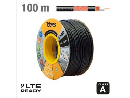 Koaxiální kabel Televes T100 215501 6,6mm Cu/Cu, 100m, černý, cívka, venkovní – 24365.cz