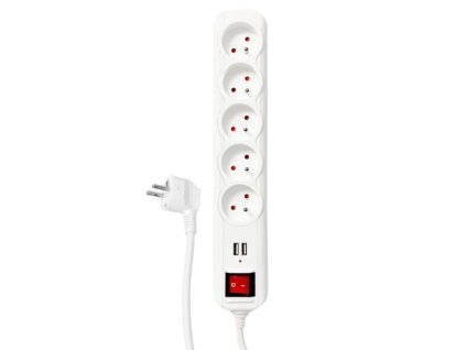 Prodlužovací kabel DPM FMP9115U s vypínačem, 5 zásuvek, 1,5m, 2× USB, bílá – 24365.cz