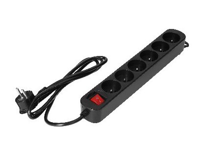 Prodlužovací kabel ORNO ES-1/B/1,5M, 1,5m 6 zásuvek, vypínač, černá – 24365.cz
